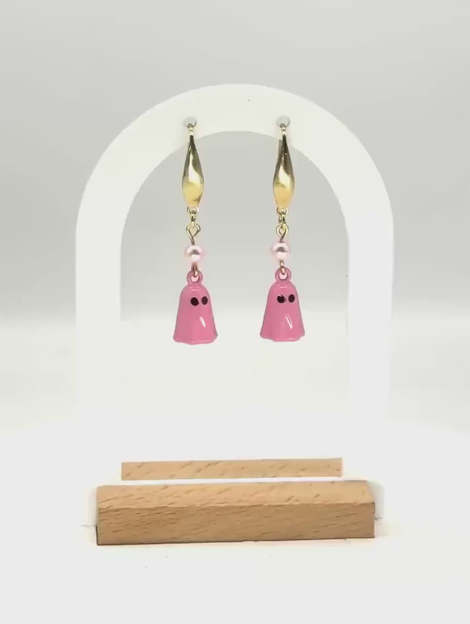 Pink Ghost Dangle Earrings with Gold & Pearl Accent | Spooky-Cute Halloween Jewelry