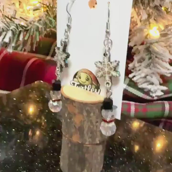 Snowman Bead Earrings with Woodcut Snowflake - Glitter Details, Resin Coated, Festive Winter Jewelry
