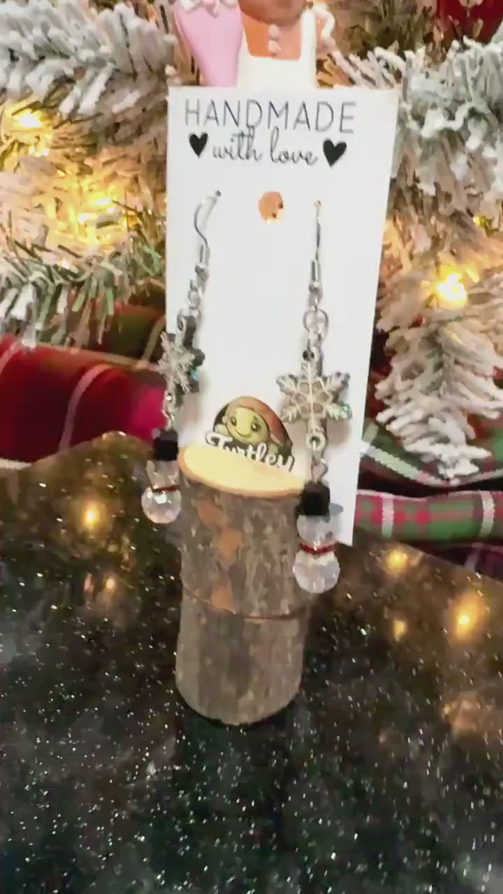 Snowman Bead Earrings with Woodcut Snowflake - Glitter Details, Resin Coated, Festive Winter Jewelry