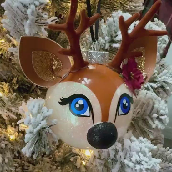 Kawaii Reindeer Christmas Ornament: Glitter Shatterproof Ornament with Felt Details