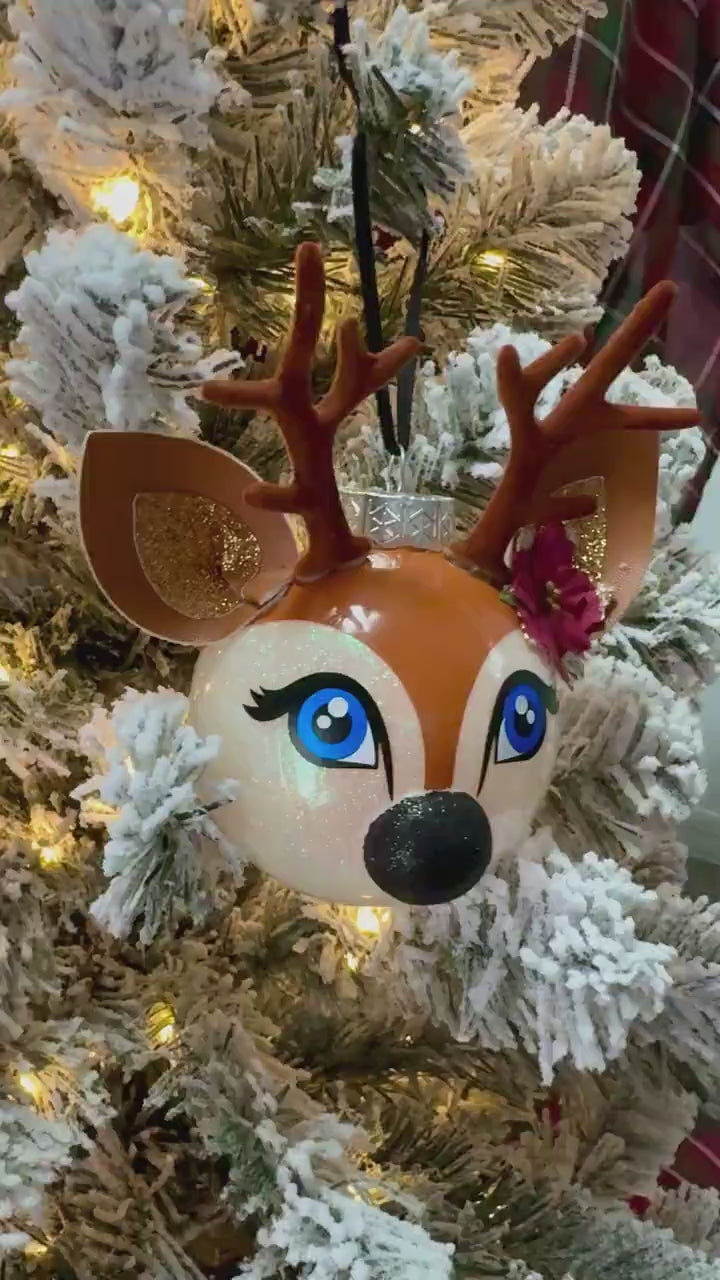 Kawaii Reindeer Christmas Ornament: Glitter Shatterproof Ornament with Felt Details