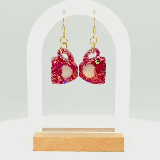 Coffee Mug Earrings, Pink Resin Earrings | Glitter Cup Dangle • Handmade Barista-Lover Gift