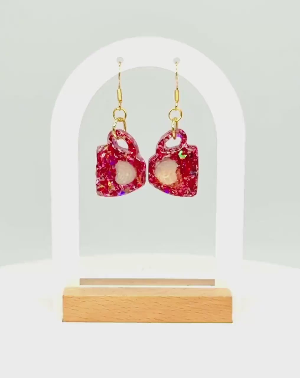 Coffee Mug Earrings, Pink Resin Earrings | Glitter Cup Dangle • Handmade Barista-Lover Gift
