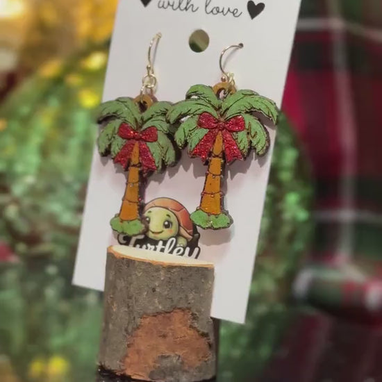 Handmade Tropical Christmas Palm Tree Earrings with Glitter Bow