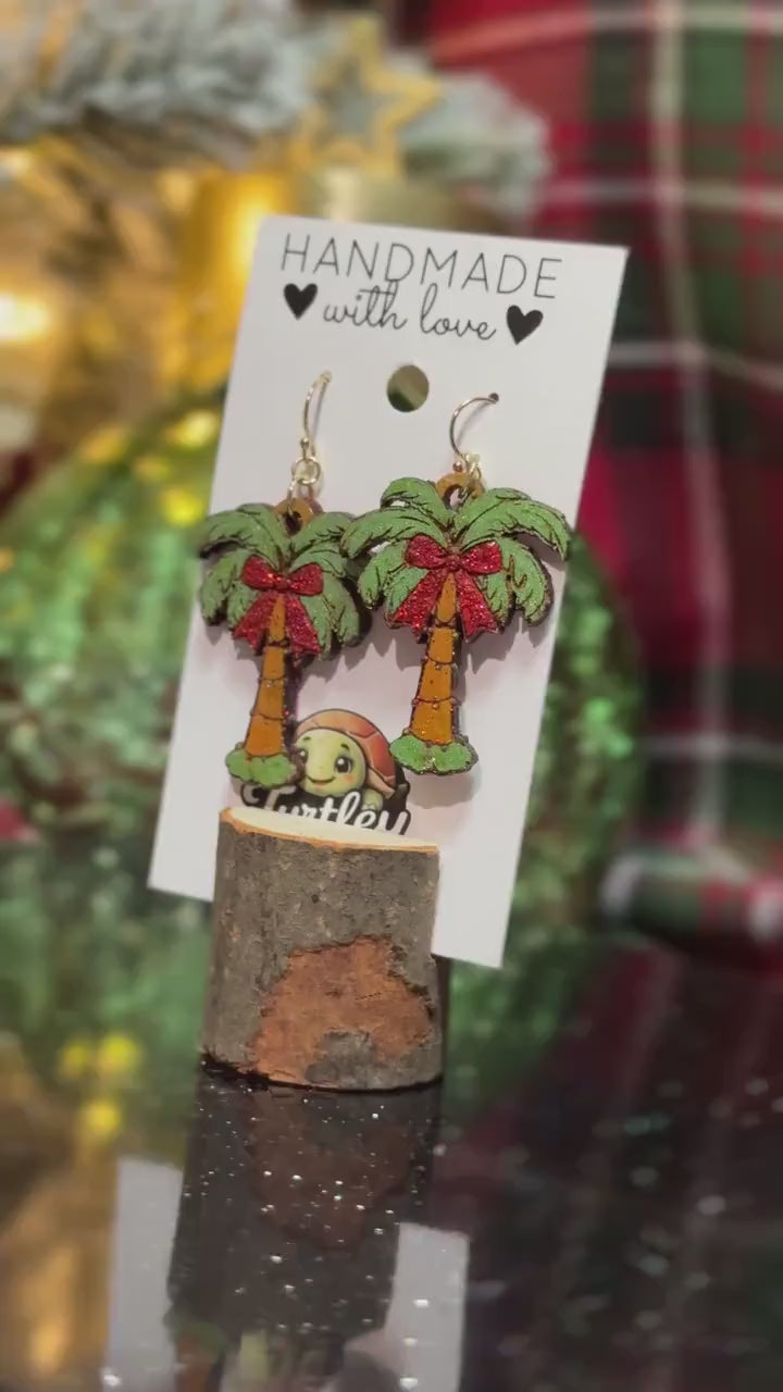 Handmade Tropical Christmas Palm Tree Earrings with Glitter Bow