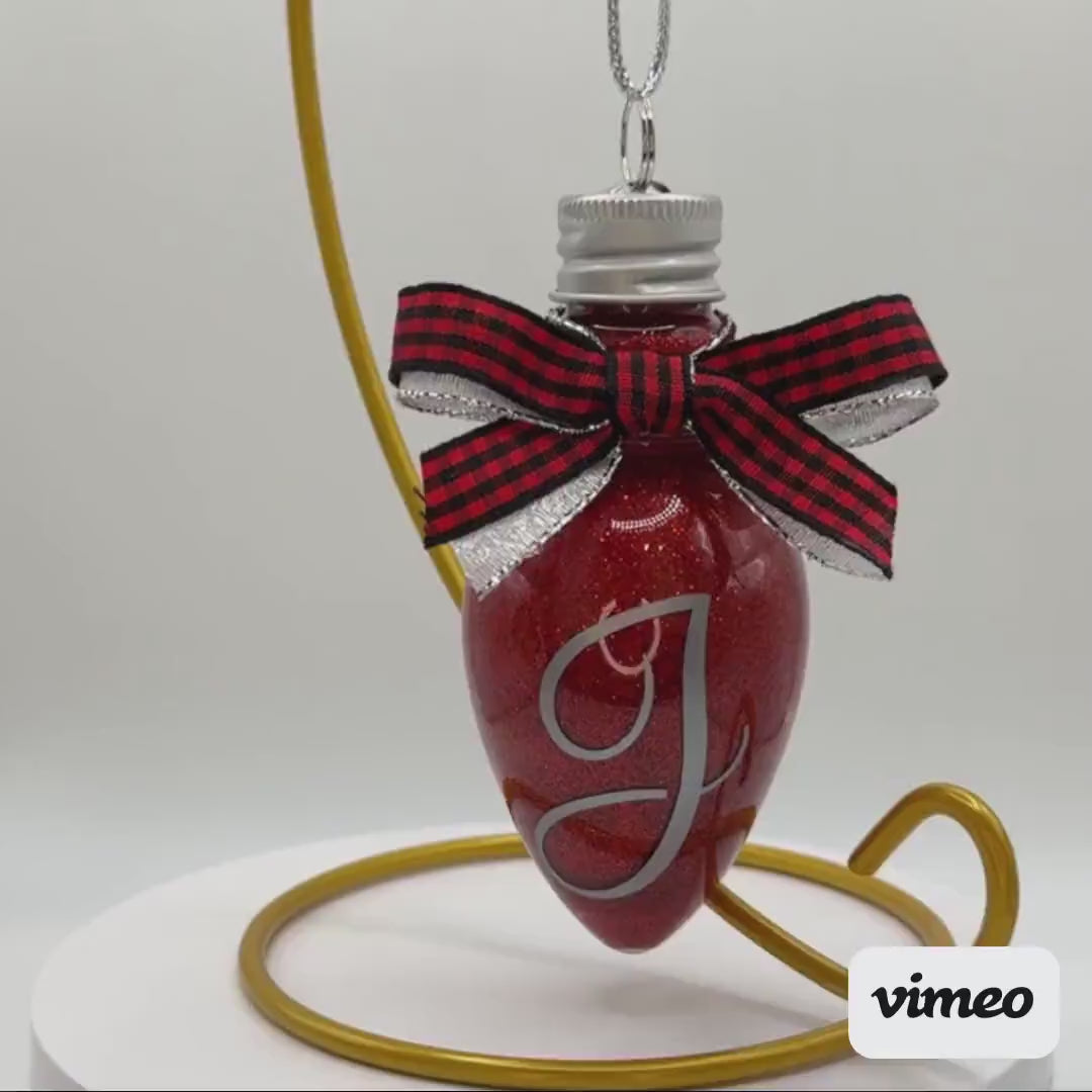 Personalized Glitter Christmas Light Bulb Ornament: Custom Monogram, Red Ribbon