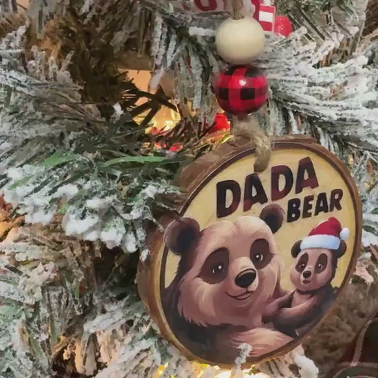 Best Daddy Ever - Handmade Natural Wood Bead - Dada Bear Woodcut Ornament - Gingham Plaid, Perfect Gift for Fathers