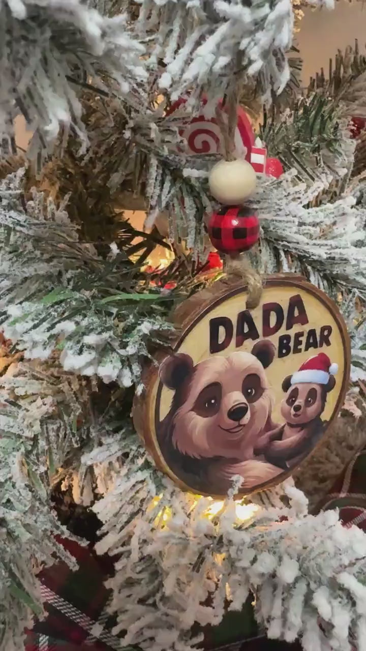 Best Daddy Ever - Handmade Natural Wood Bead - Dada Bear Woodcut Ornament - Gingham Plaid, Perfect Gift for Fathers