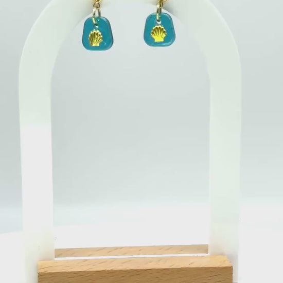 Handmade Resin Seashell Earrings – Teal Hues with Gold Accents