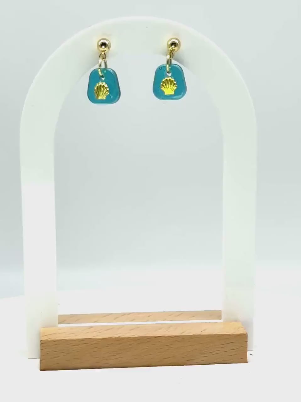 Handmade Resin Seashell Earrings – Teal Hues with Gold Accents