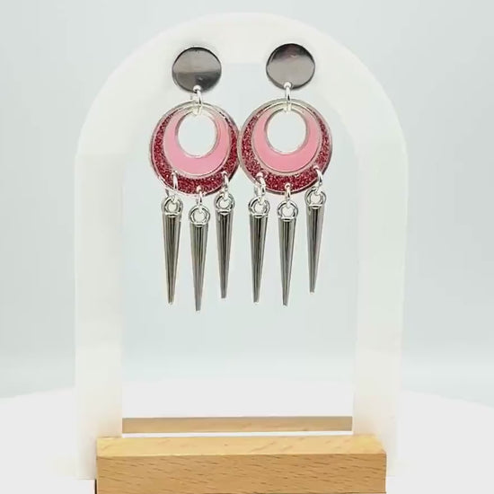 Pink Glitter Resin Spike Earrings: Silver Punk Dangle Earrings