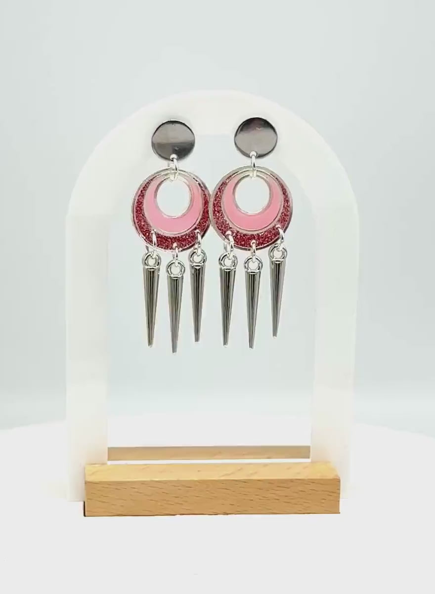 Pink Glitter Resin Spike Earrings: Silver Punk Dangle Earrings