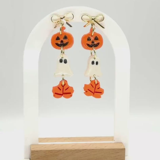 Halloween Polymer Clay Dangle Earrings: Pumpkin, Ghost & Leaf - Gold Bow