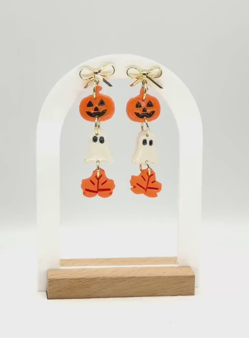 Halloween Polymer Clay Dangle Earrings: Pumpkin, Ghost & Leaf - Gold Bow