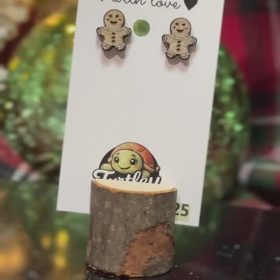 Handmade Gingerbread Man Stud Earrings: Gold Glitter Christmas Jewelry