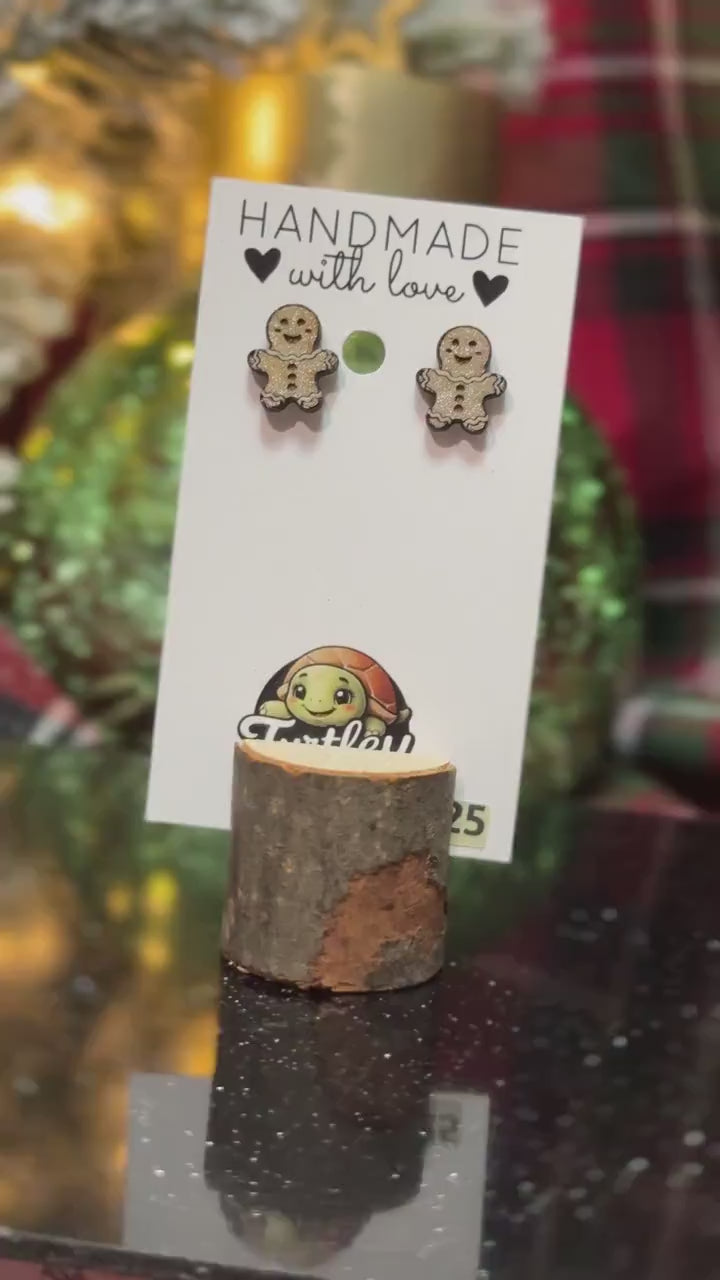 Handmade Gingerbread Man Stud Earrings: Gold Glitter Christmas Jewelry