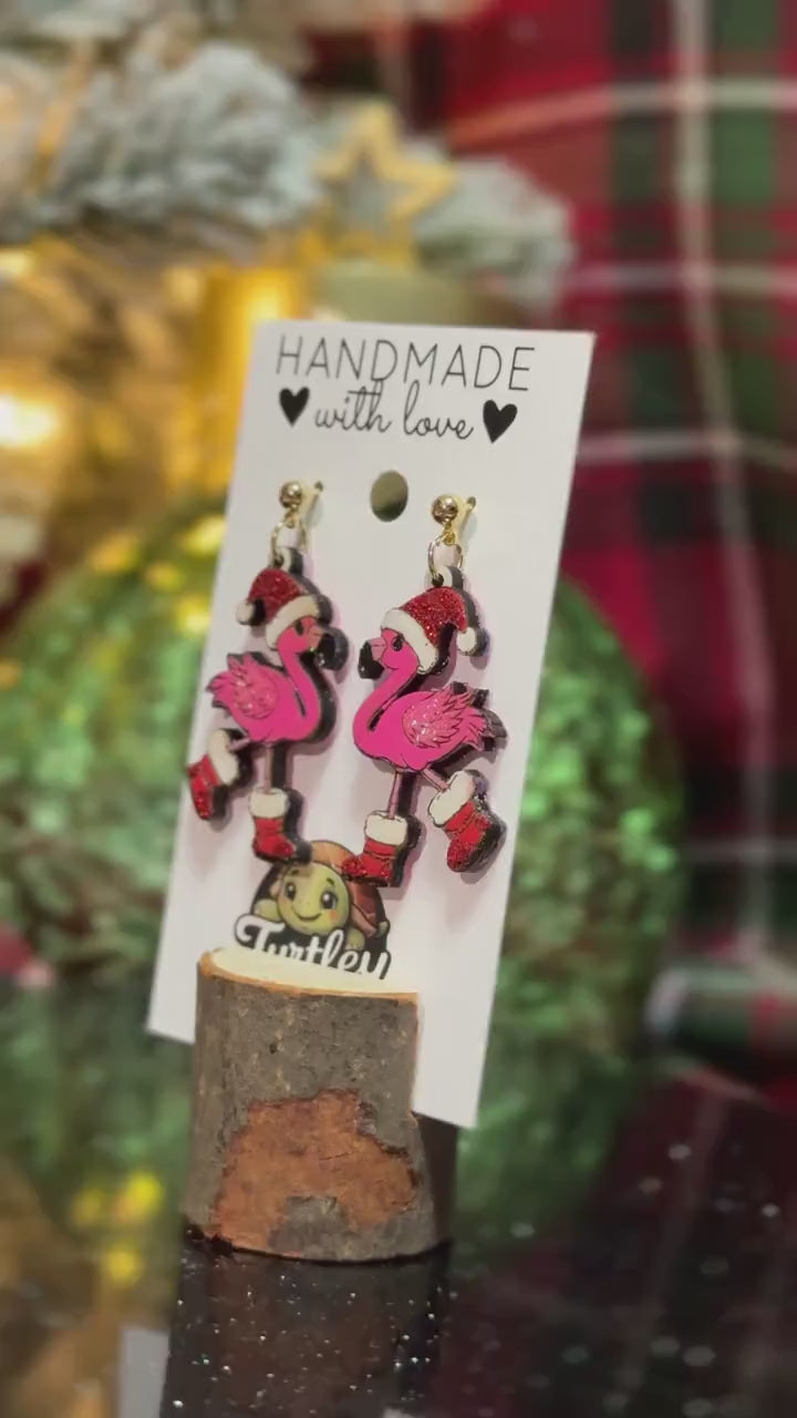 Handmade Flamingo Christmas Earrings: Tropical Holiday Dangles