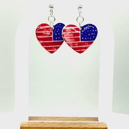 American Flag Earrings, Patriotic Earrings | Heart USA Dangle • Handmade Fourth of July Jewelry Gift
