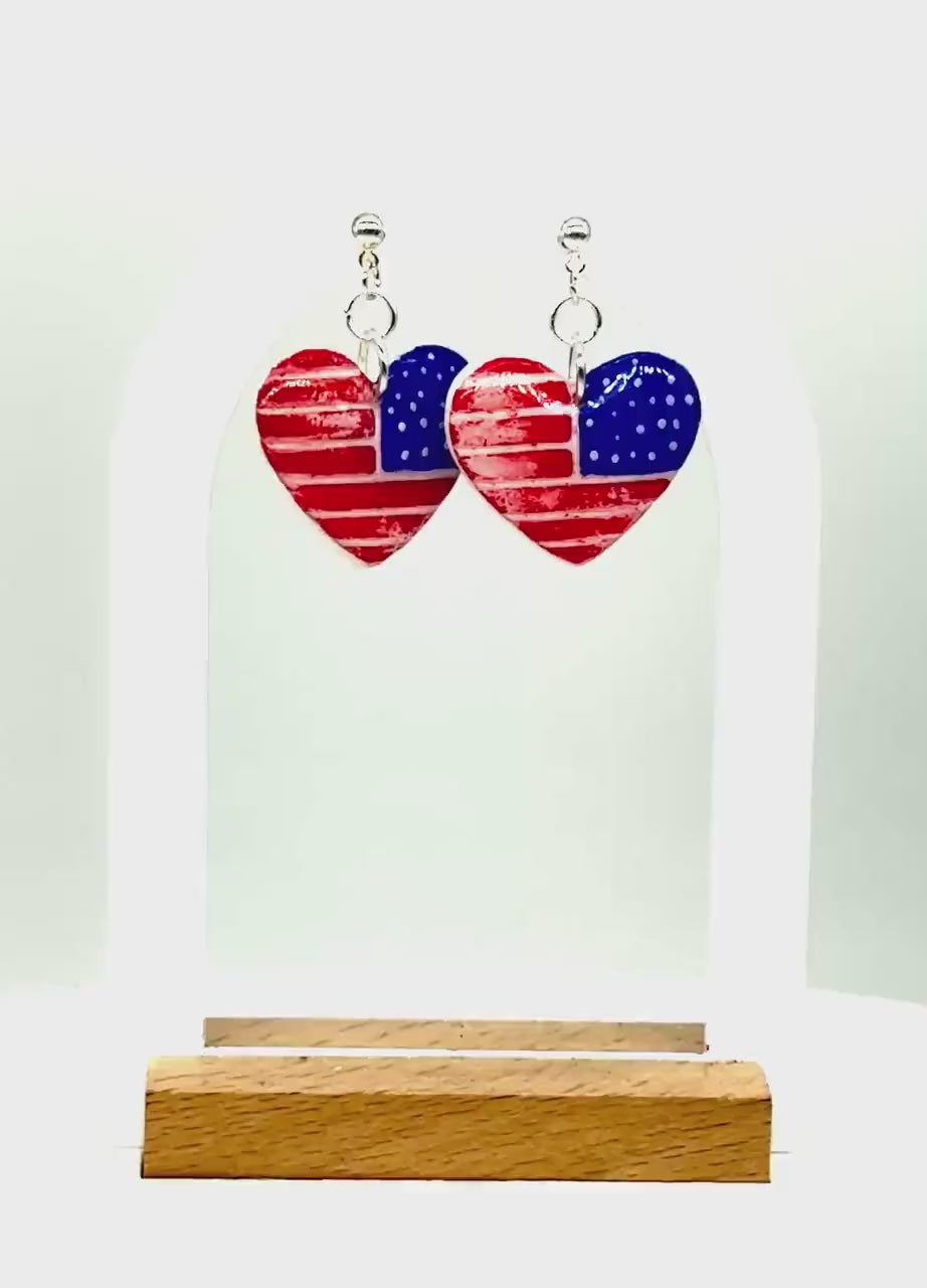 American Flag Earrings, Patriotic Earrings | Heart USA Dangle • Handmade Fourth of July Jewelry Gift