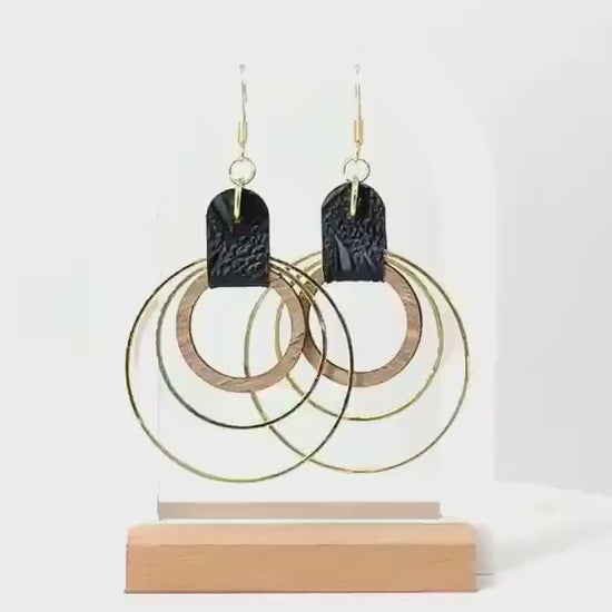 Handmade Black Leather & Gold Wooden Circle Drop Earrings - Unique Statement Jewelry