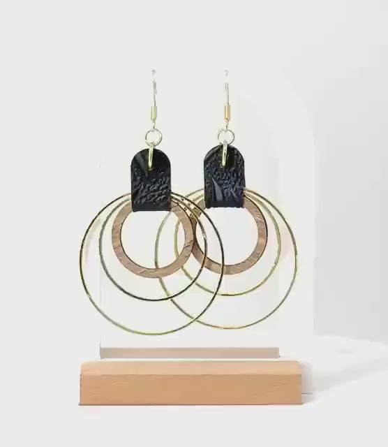 Handmade Black Leather & Gold Wooden Circle Drop Earrings - Unique Statement Jewelry