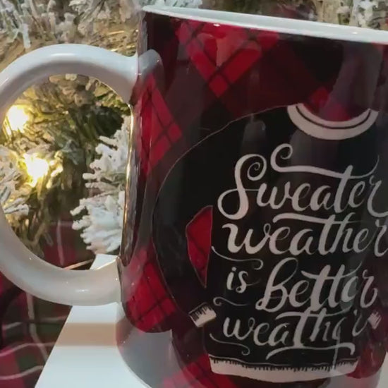 Sweater Weather Mug: Red Plaid Holiday Design