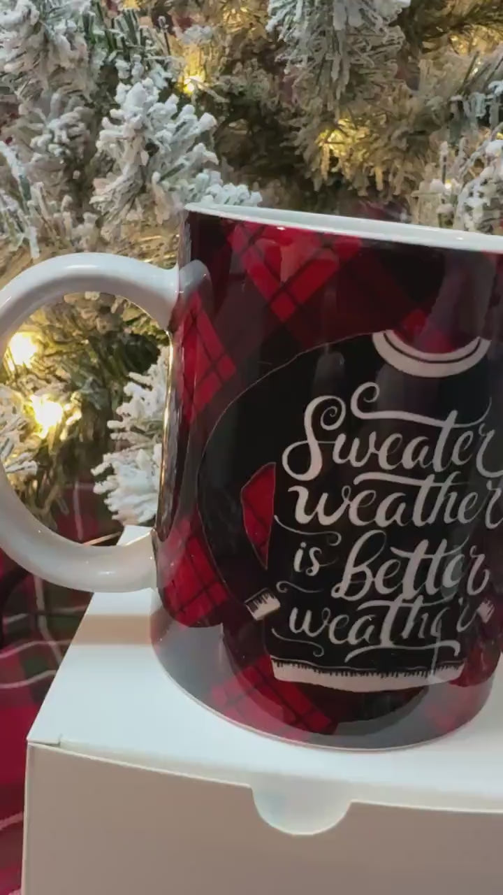 Sweater Weather Mug: Red Plaid Holiday Design