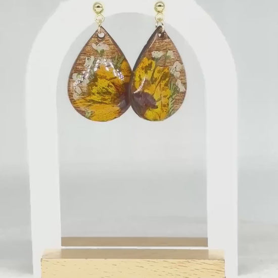Pressed Sunflower Earrings: Wooden Teardrop Resin Jewelry