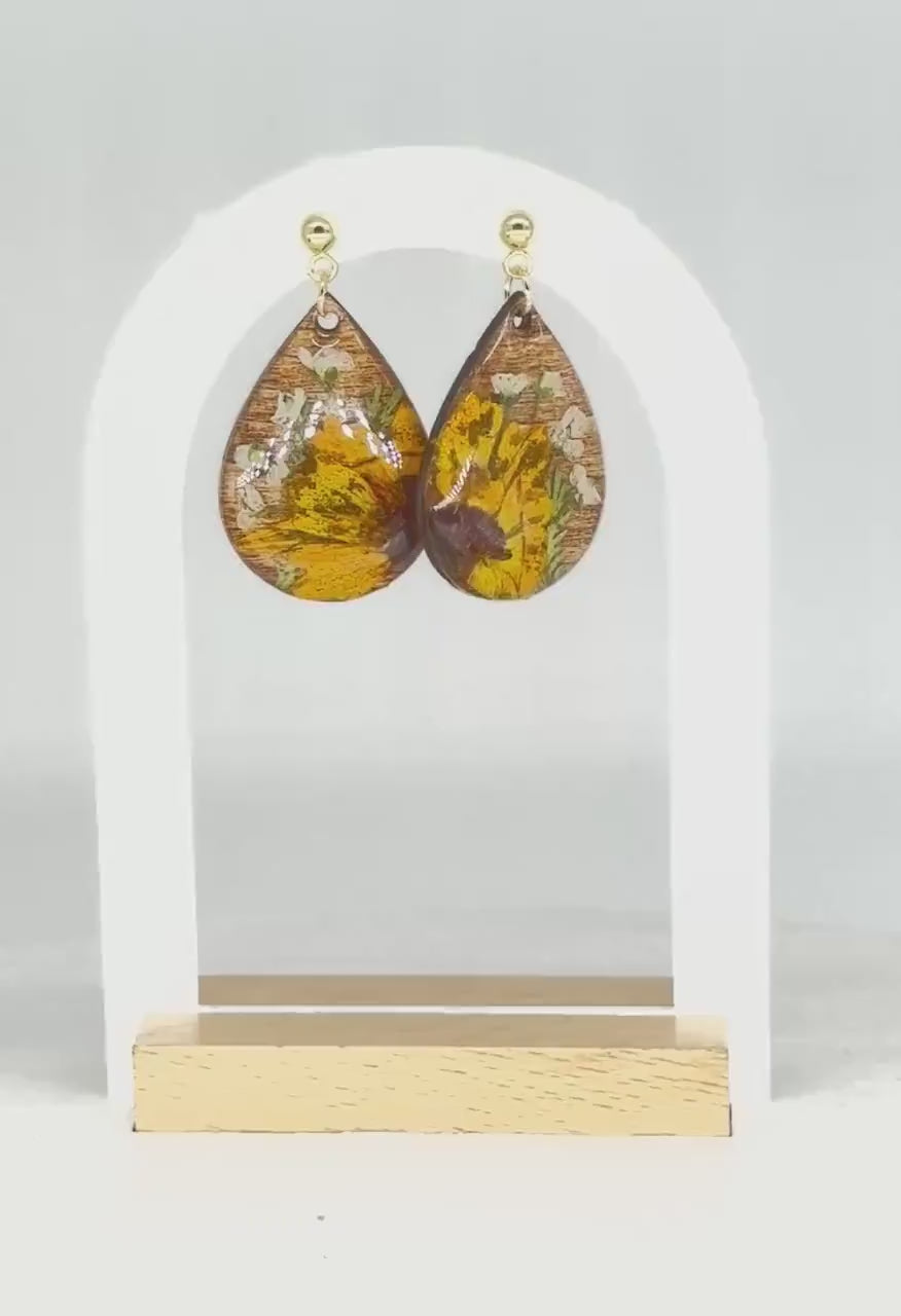 Pressed Sunflower Earrings: Wooden Teardrop Resin Jewelry