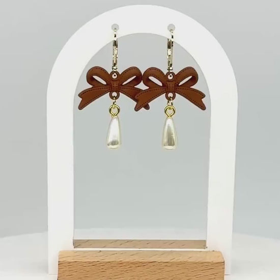 Handmade Brown Bow Earrings: Polymer Dangle with Pearl Drop