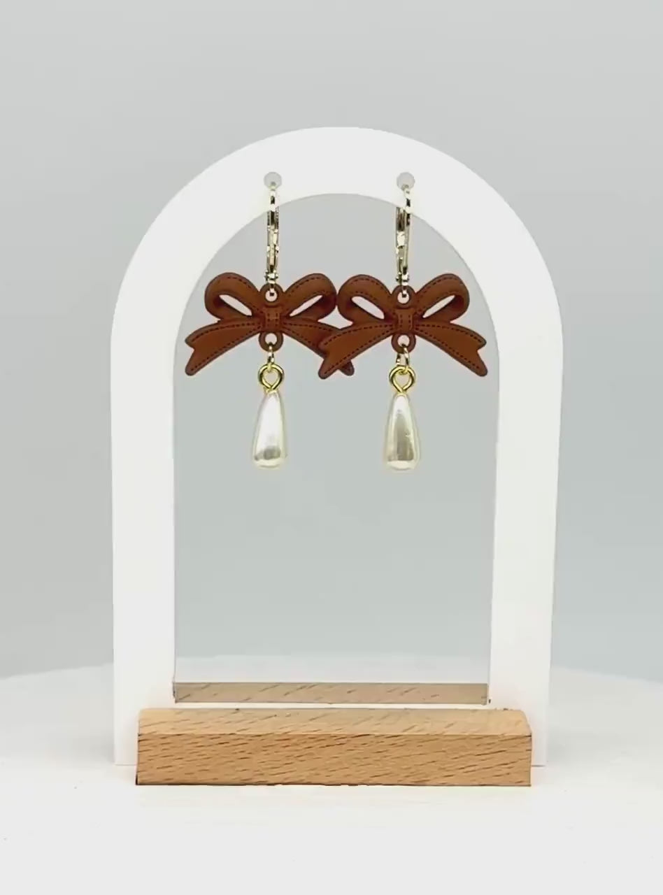 Handmade Brown Bow Earrings: Polymer Dangle with Pearl Drop