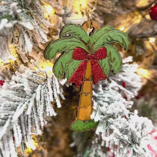 Hand-Painted Wooden Palm Tree Christmas Ornament - Tropical Holiday Decor with Sparkling Bow