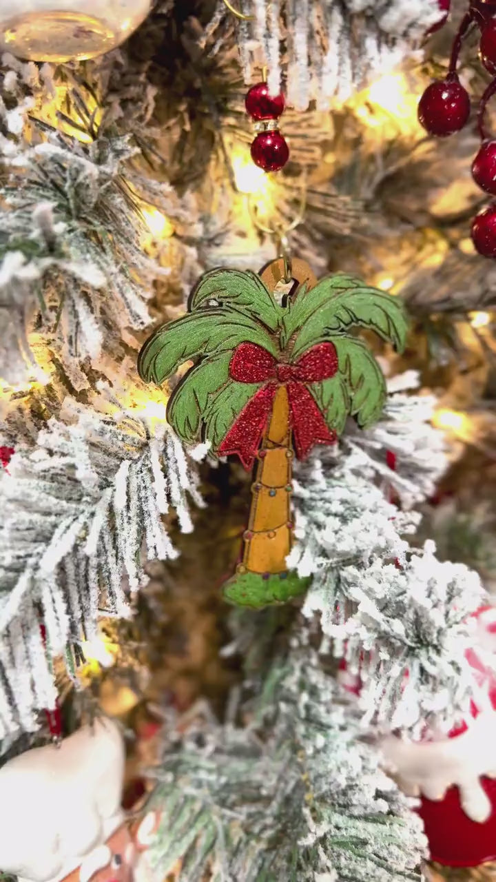 Hand-Painted Wooden Palm Tree Christmas Ornament - Tropical Holiday Decor with Sparkling Bow