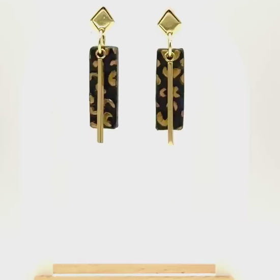 Leopard Print Polymer Clay Dangle Earrings: Gold Bar Cheetah Jewelry