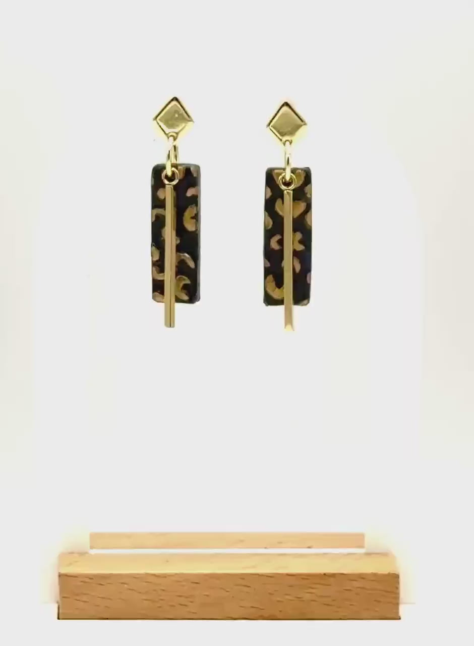Leopard Print Polymer Clay Dangle Earrings: Gold Bar Cheetah Jewelry