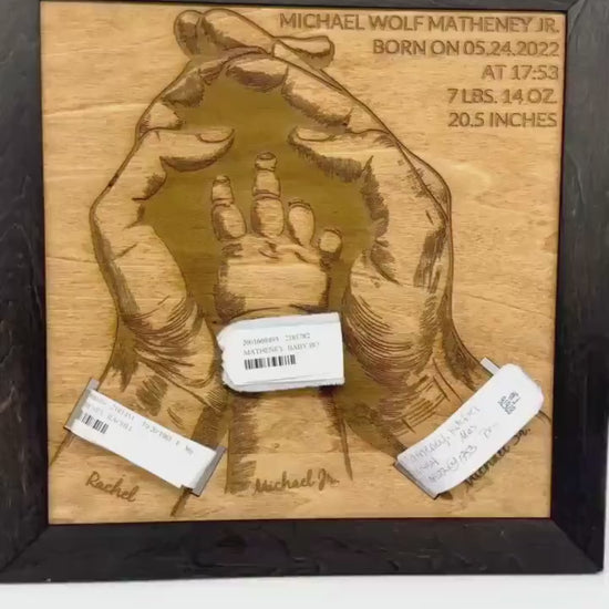 Personalized Family Keepsake – Custom Engraved Wooden Gift with Hospital Bracelets