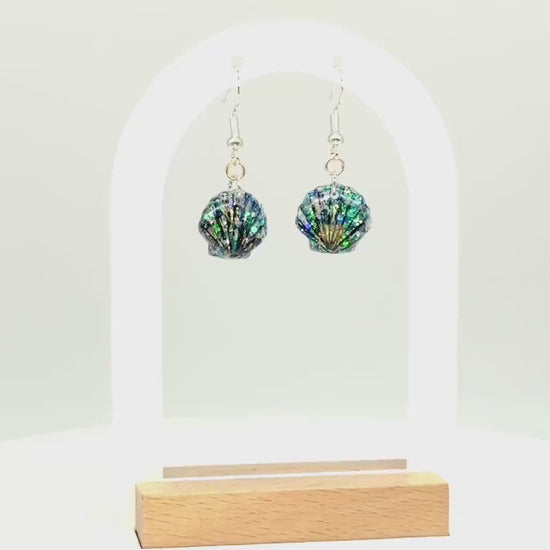 Glitter Resin Seashell Earrings: Hand-Painted Black Detail, Beach Jewelry