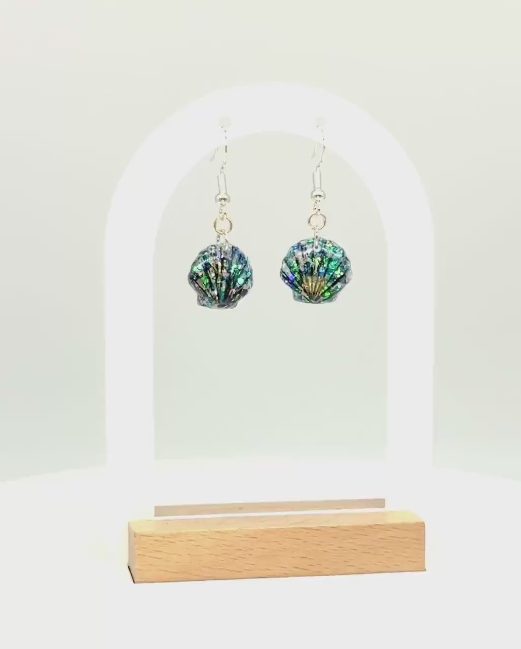 Glitter Resin Seashell Earrings: Hand-Painted Black Detail, Beach Jewelry