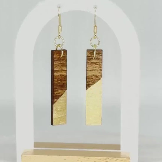Wood Dangle Earrings: Gold Accent, Geometric Handmade Jewelry