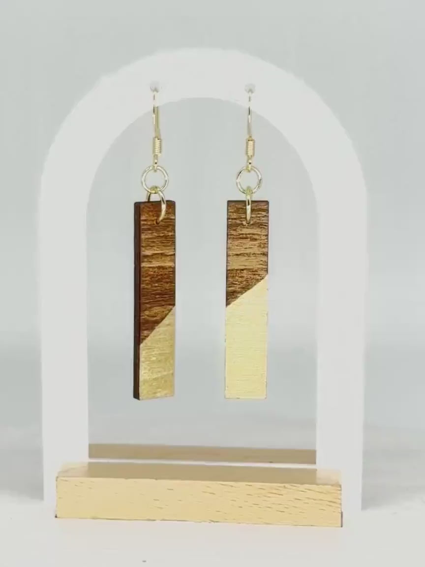 Wood Dangle Earrings: Gold Accent, Geometric Handmade Jewelry