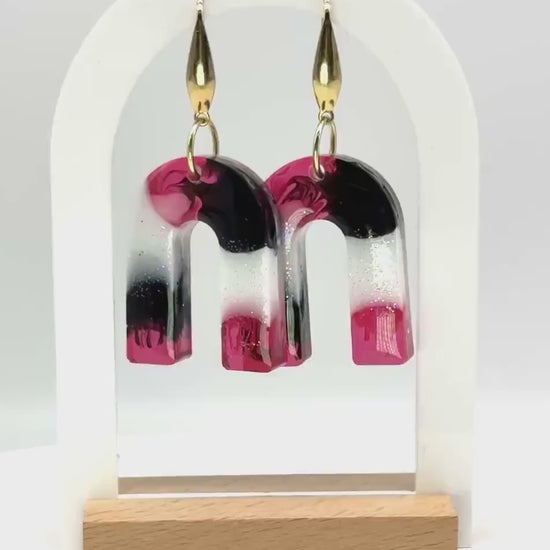 Handcrafted Resin Arch Earrings: Pink Black Swirl with Gold Hooks