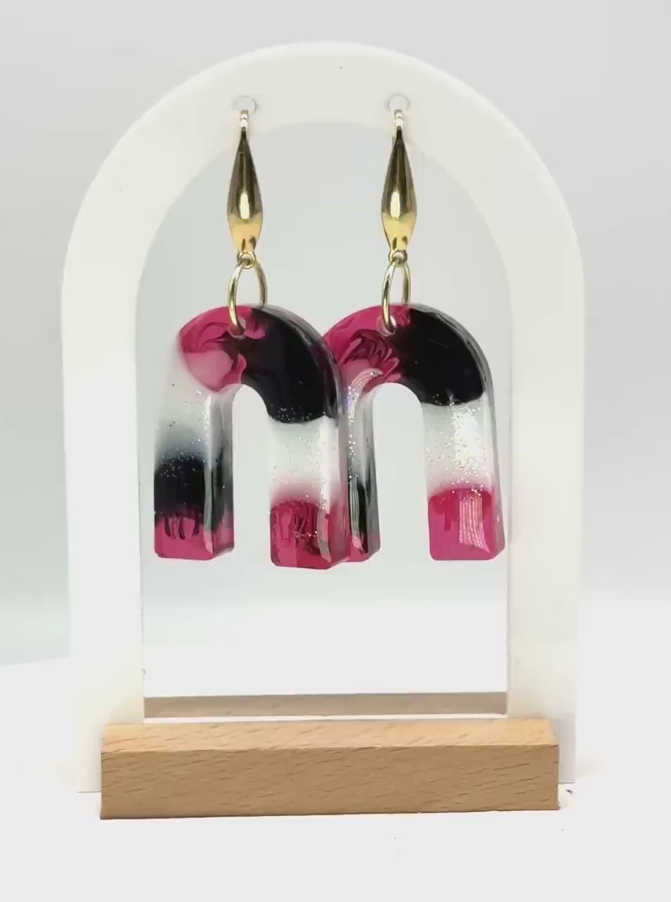 Handcrafted Resin Arch Earrings: Pink Black Swirl with Gold Hooks