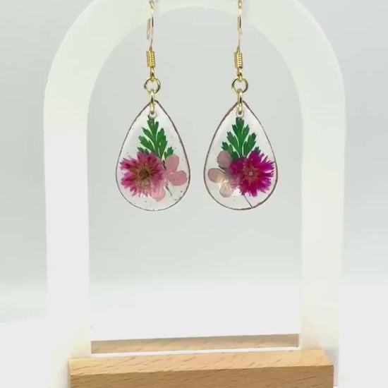 Elegant Resin Earrings with Pink Pressed Flowers & Green Leaves