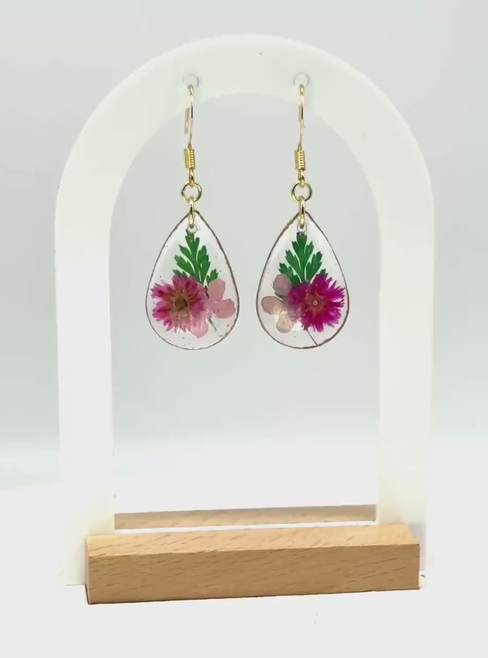 Elegant Resin Earrings with Pink Pressed Flowers & Green Leaves