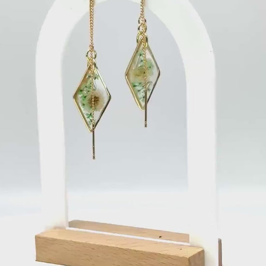 Handmade Diamond Resin Earrings: White Flowers, Gold Threader Chain