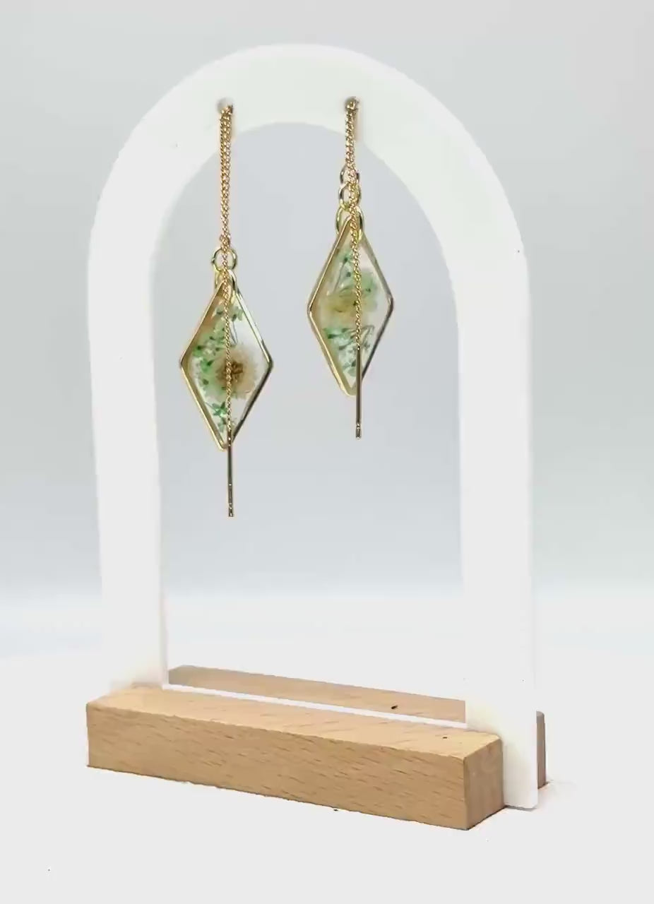 Handmade Diamond Resin Earrings: White Flowers, Gold Threader Chain