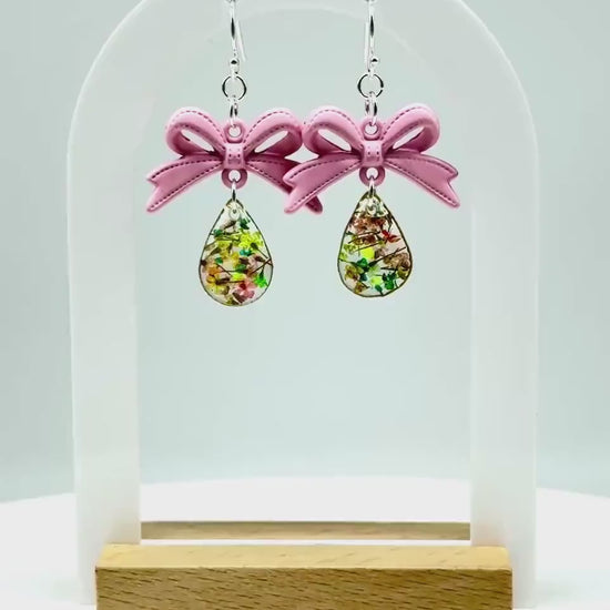 Handmade Bow & Real Floral Resin Teardrop Earrings – Pink Ribbon Charm with Real Flowers