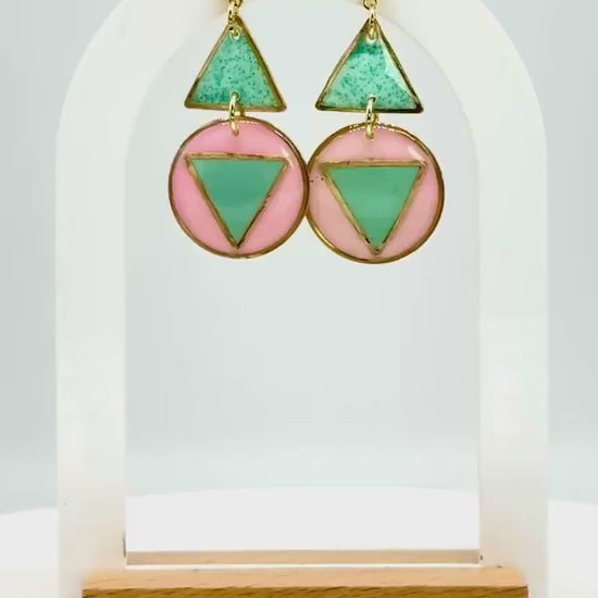Resin Geometric Earrings: Pink Teal Retro Statement Dangle