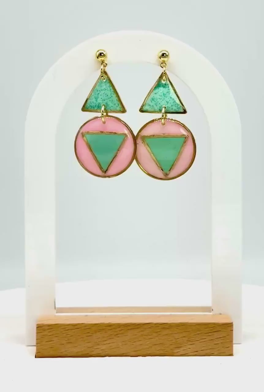 Resin Geometric Earrings: Pink Teal Retro Statement Dangle