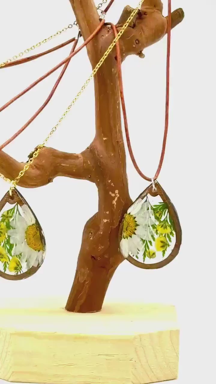 Real Daisy Teardrop Necklace: Resin Pendant, Wood Frame, Gold Chain or Leather Cord